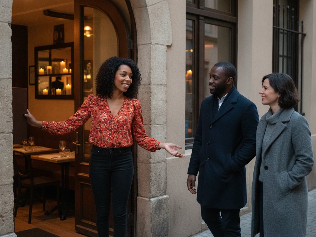 La fondatrice accueille les participants à l'entrée du restaurant