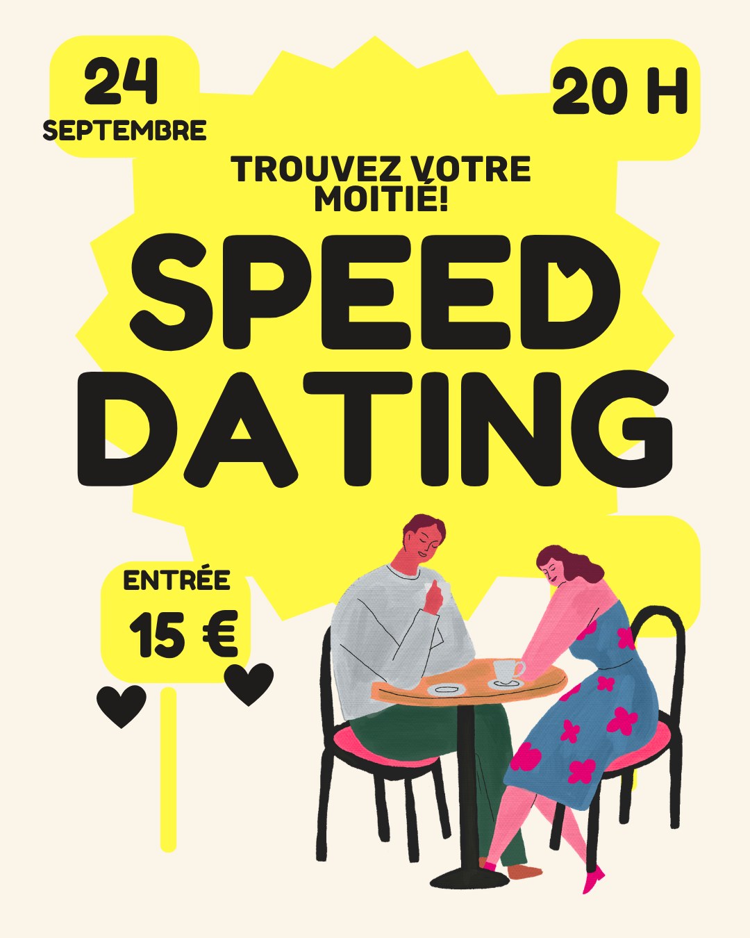 Affiche de la soirée : speed dating, jeudi 24 septembre, 20 h
