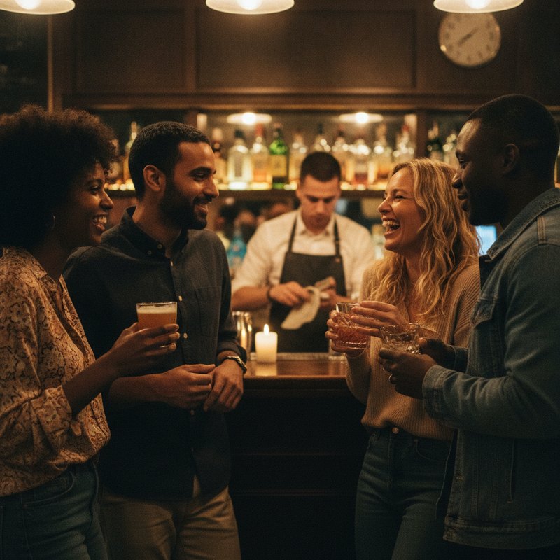 Deux duos femme-homme discutent au bar après les rencontres