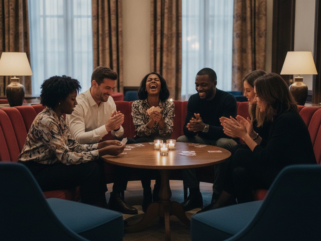 Le jeu brise-glace dans le salon d'un hôtel, trois femmes et trois hommes