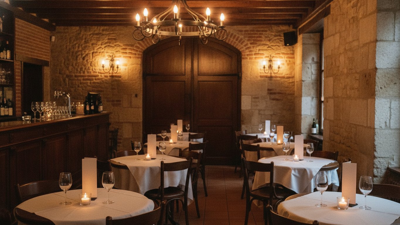 Une salle de restaurant dressée en tables pour deux