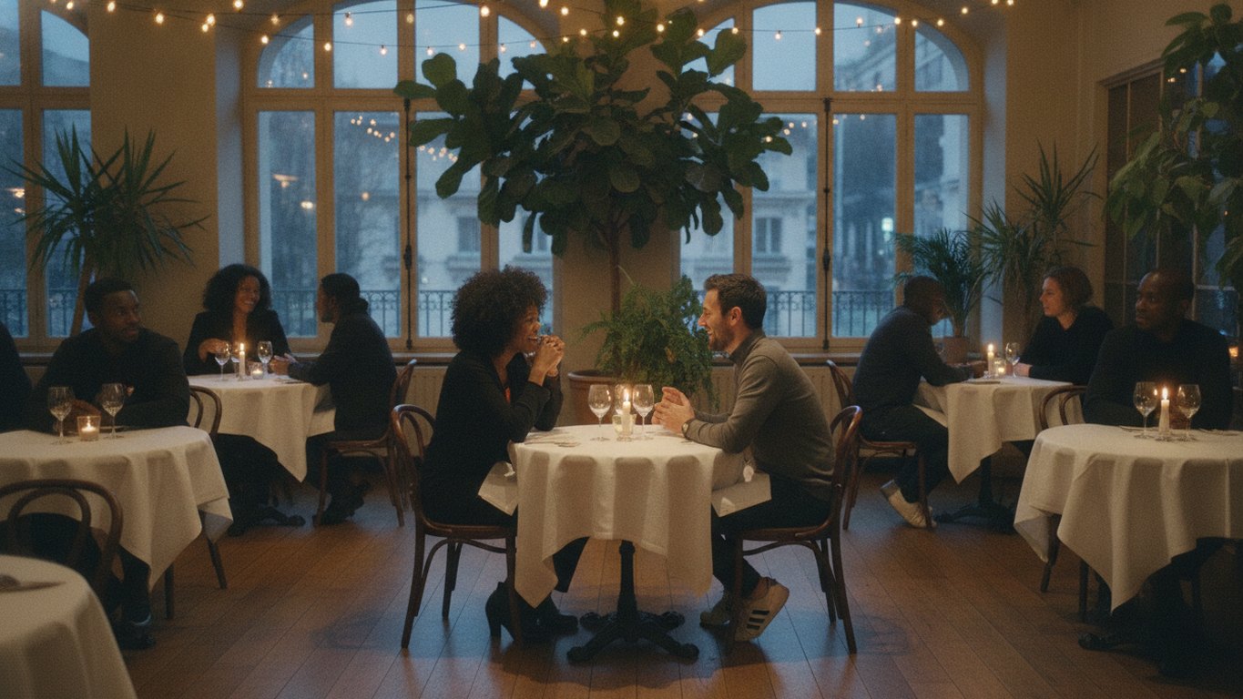 Une soirée speed dating dans un restaurant privatisé à Toulouse, une femme et un homme à chaque table